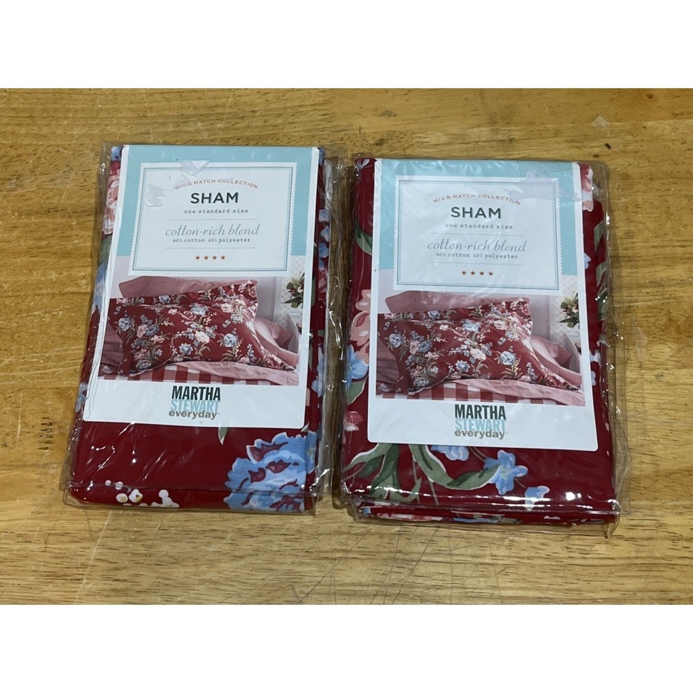 Martha Stewart Everyday Red Floral Shams‎ Blue Flowers Cottagecore Vtg Set Of 2